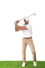 Photo of Young man playing golf on white background