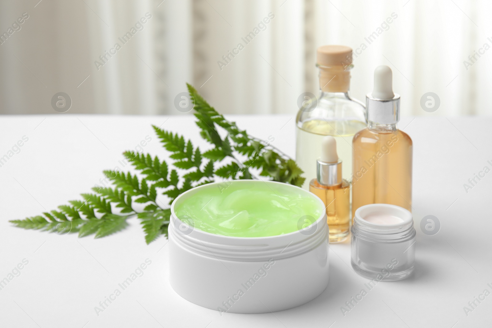 Photo of Composition with different body care products on table. Mockup for design