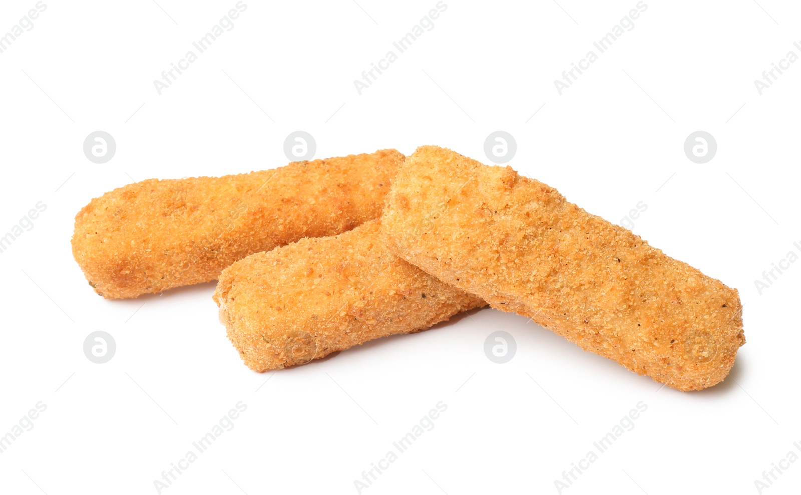 Photo of Tasty crispy cheese sticks on white background