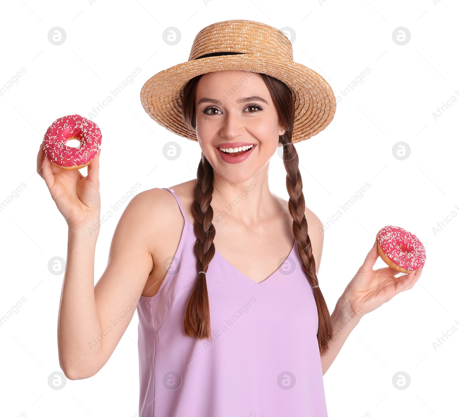 Photo of Beautiful young woman wearing stylish hat with donuts on white background