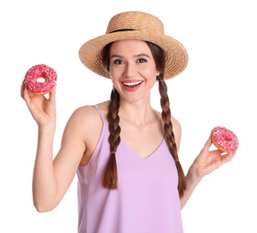 Photo of Beautiful young woman wearing stylish hat with donuts on white background