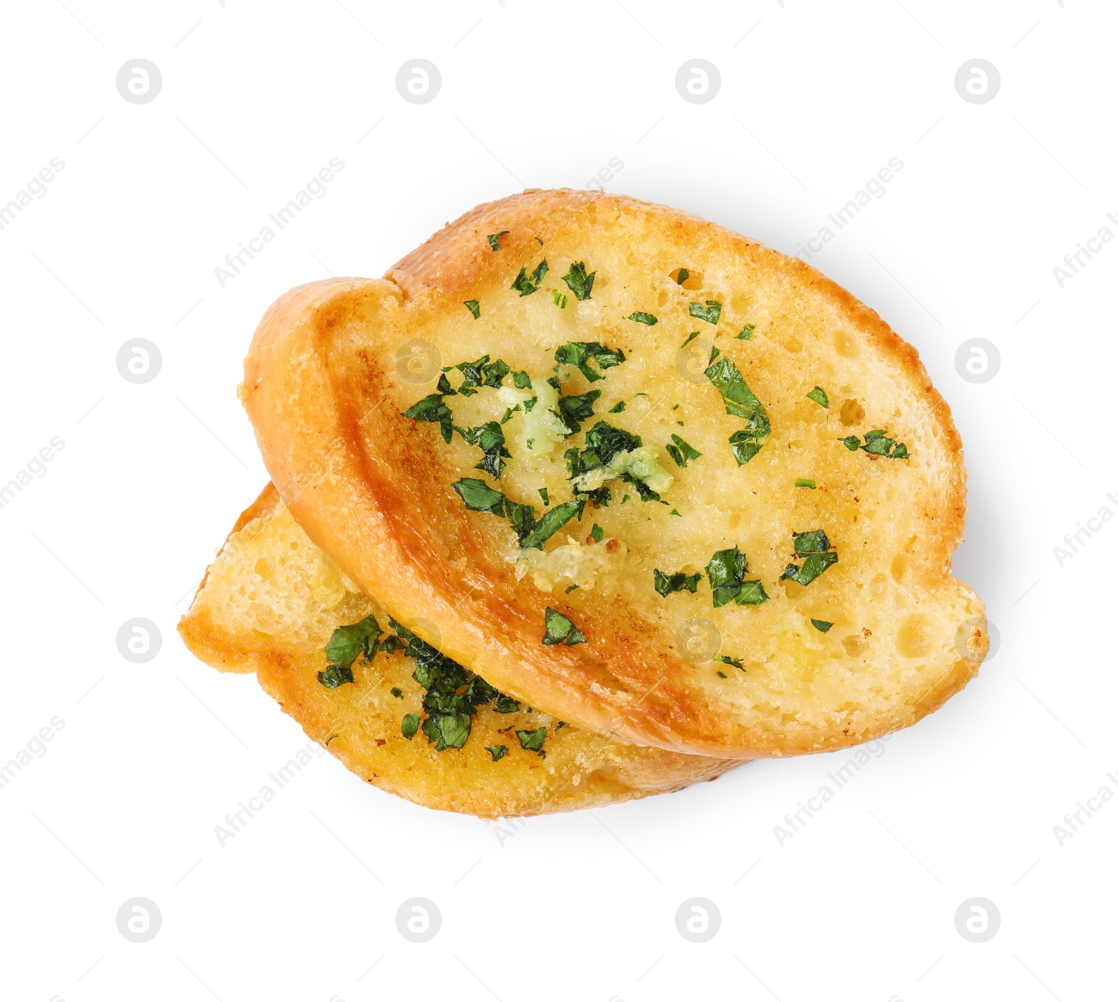 Photo of Slices of tasty garlic bread with herbs isolated on white