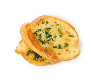 Photo of Slices of tasty garlic bread with herbs isolated on white