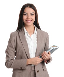 Photo of Real estate agent with notebook on white background