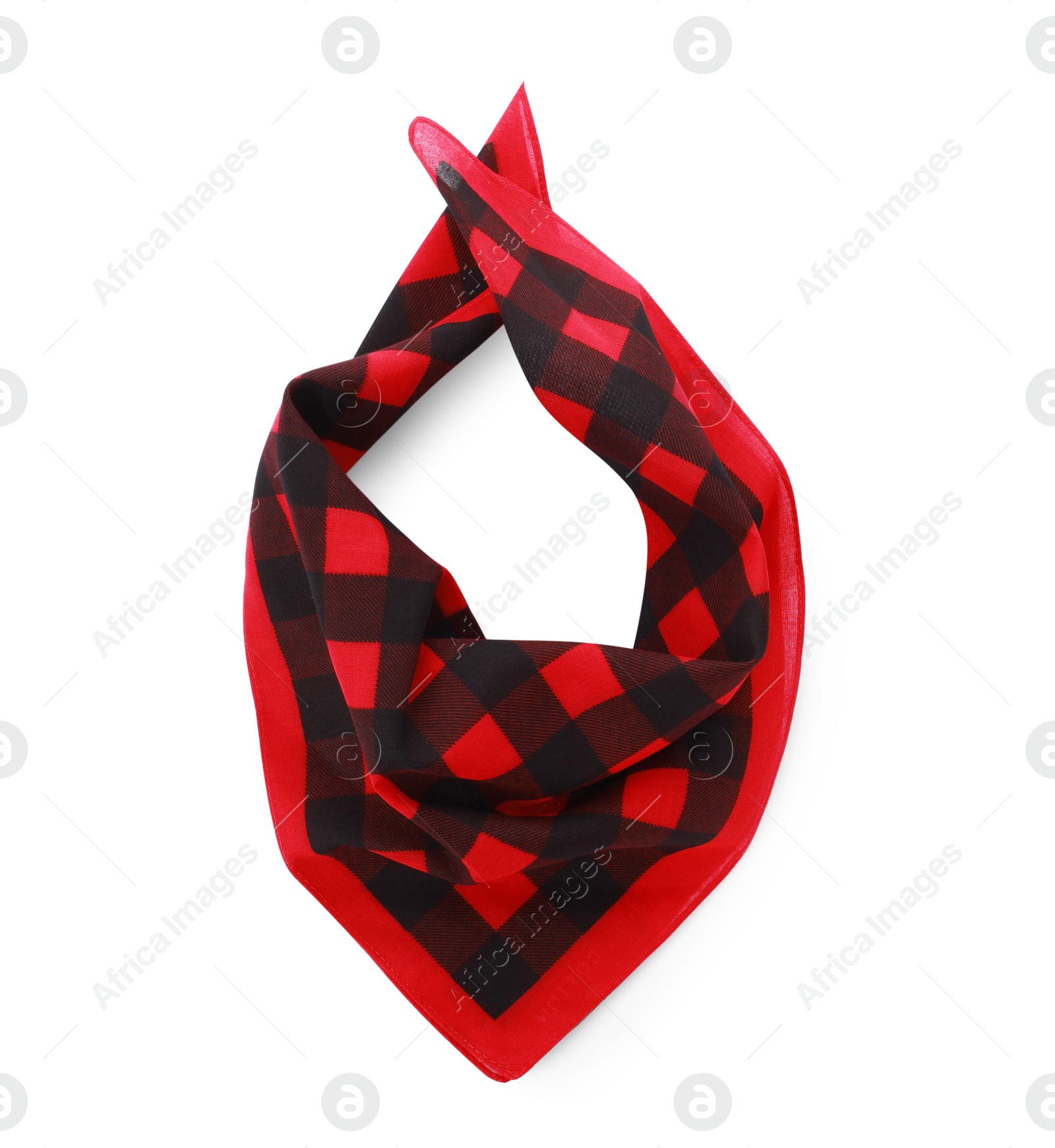 Photo of Folded red bandana with check pattern isolated on white, top view