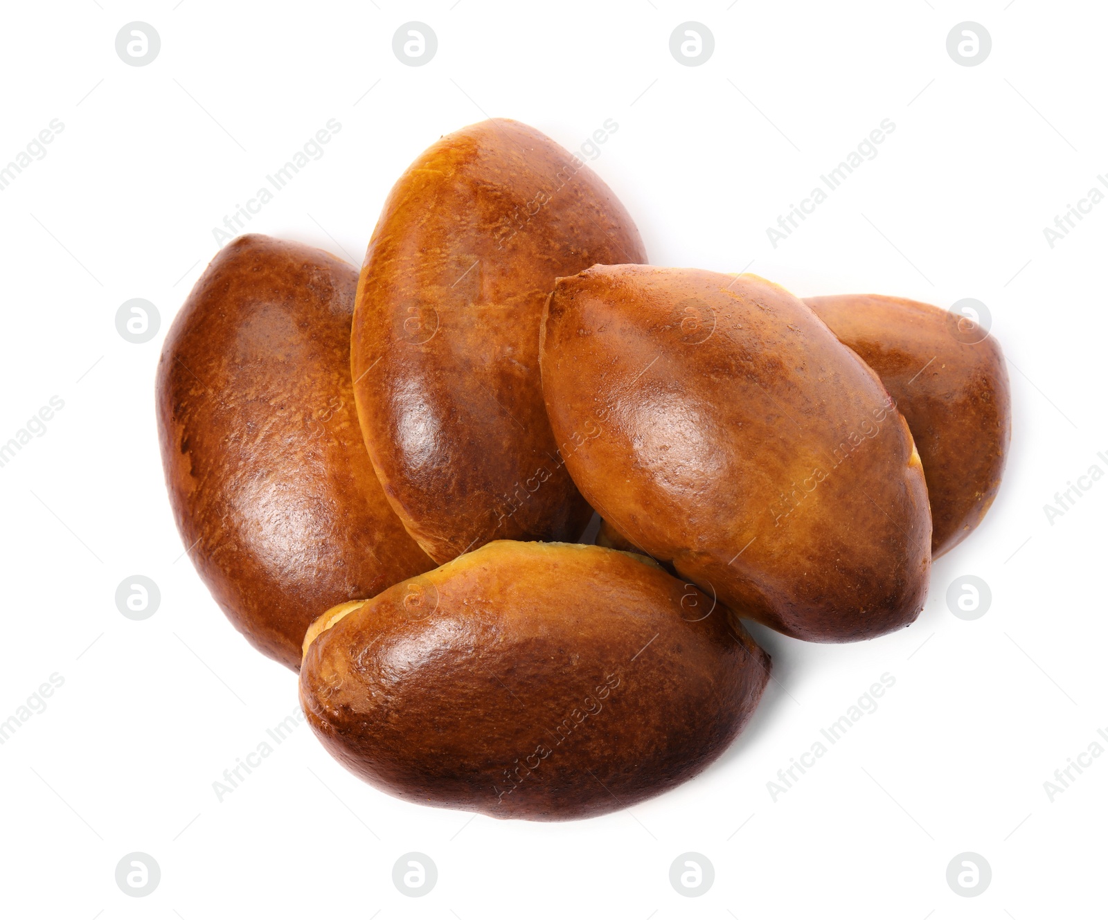 Photo of Delicious baked pirozhki on white background, top view