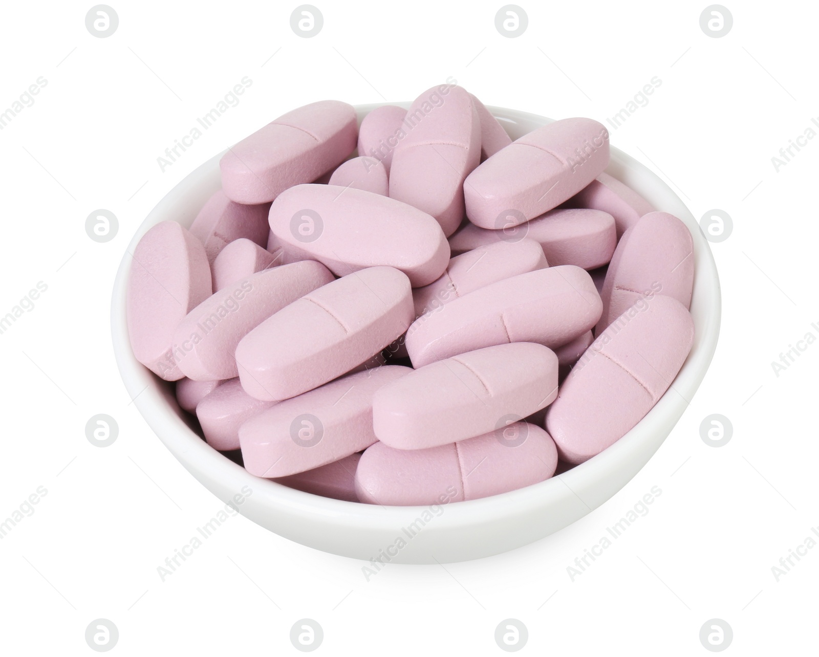 Photo of Vitamin pills in bowl isolated on white. Health supplement