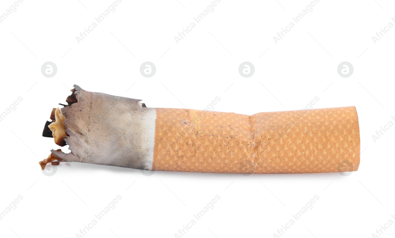 Photo of One burnt cigarette butt isolated on white