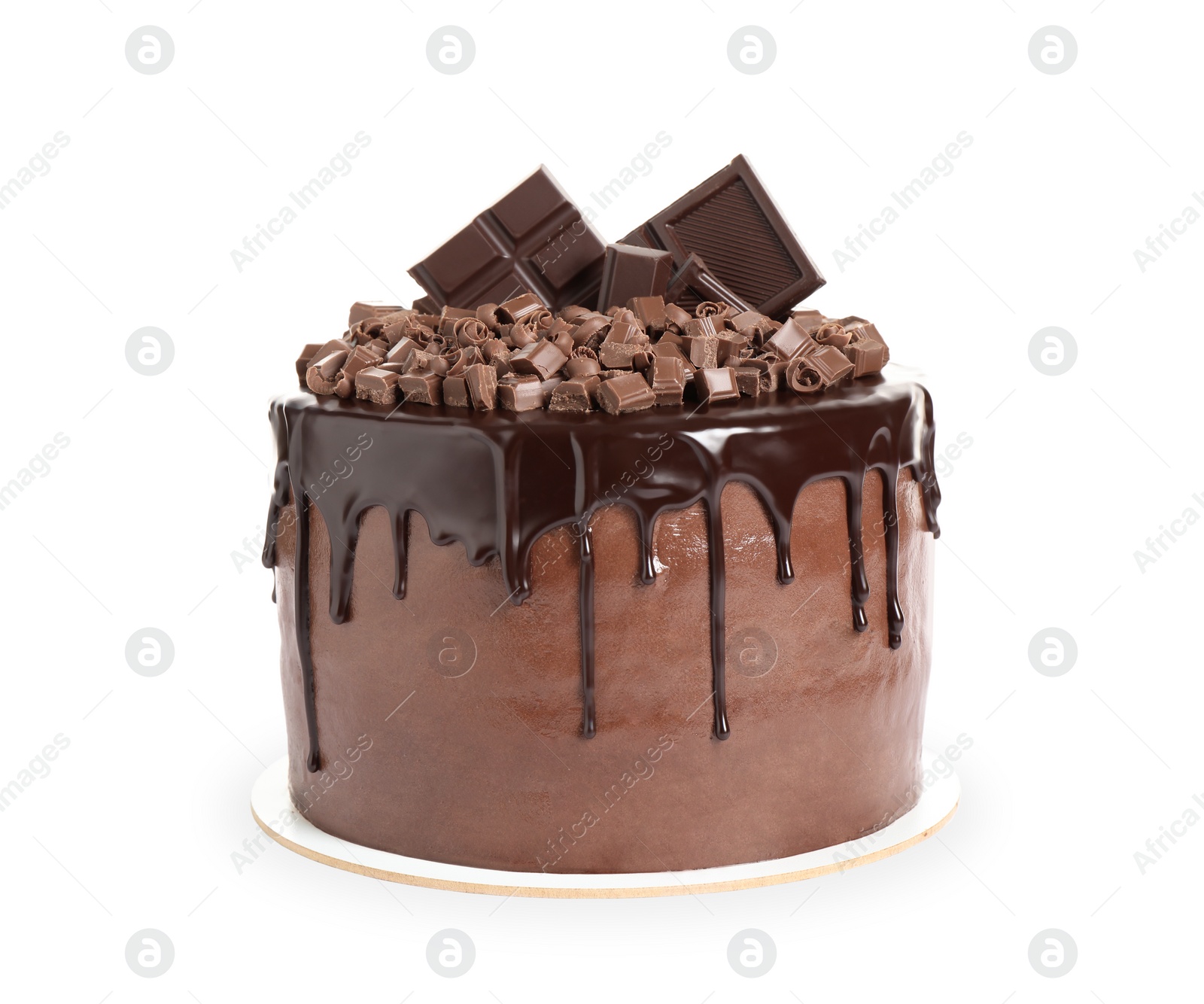 Photo of Freshly made delicious chocolate cake on white background