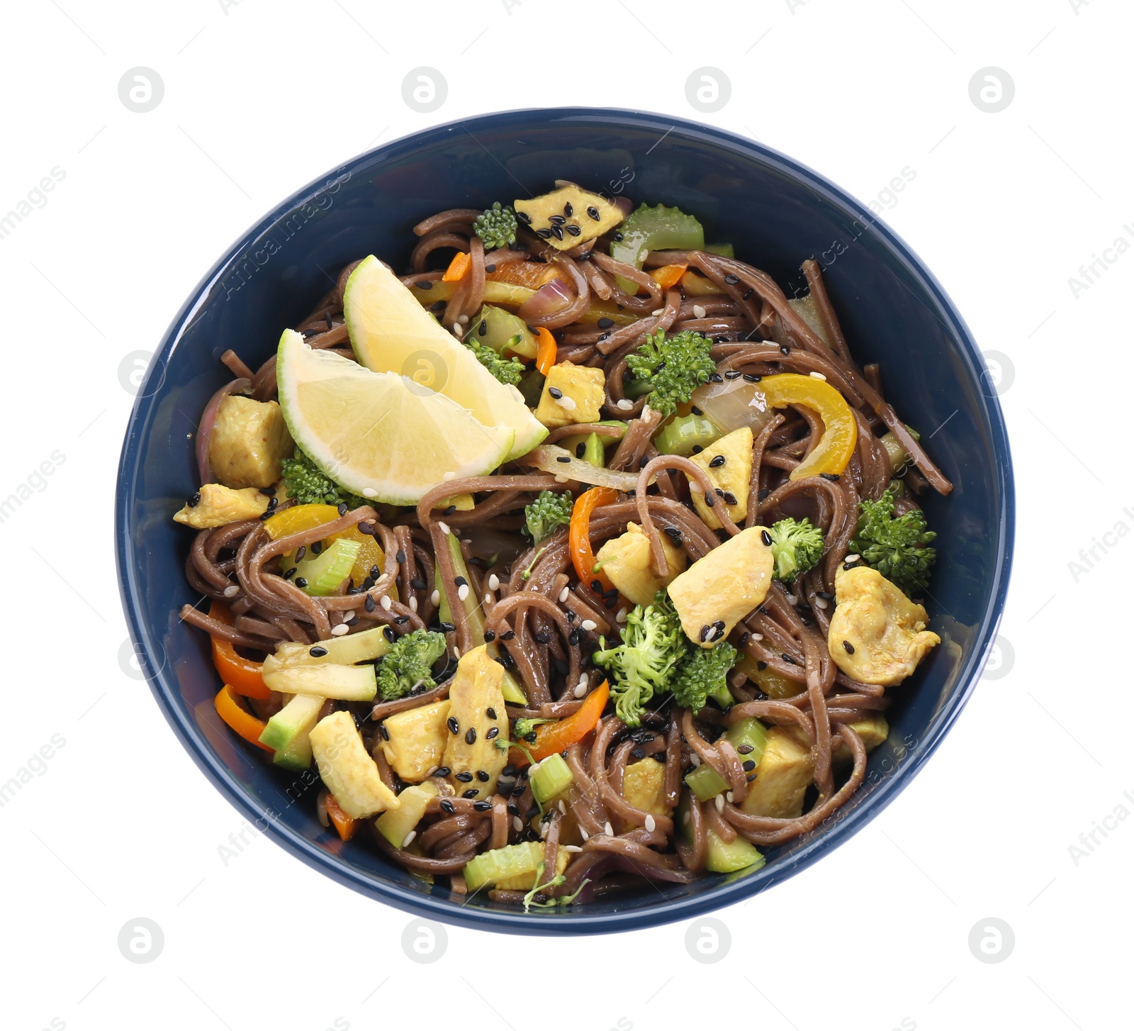 Photo of Stir-fry. Delicious cooked noodles with chicken and vegetables in bowl isolated on white, top view