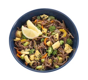 Photo of Stir-fry. Delicious cooked noodles with chicken and vegetables in bowl isolated on white, top view