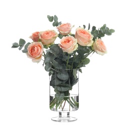 Photo of Vase with bouquet of beautiful roses on white background