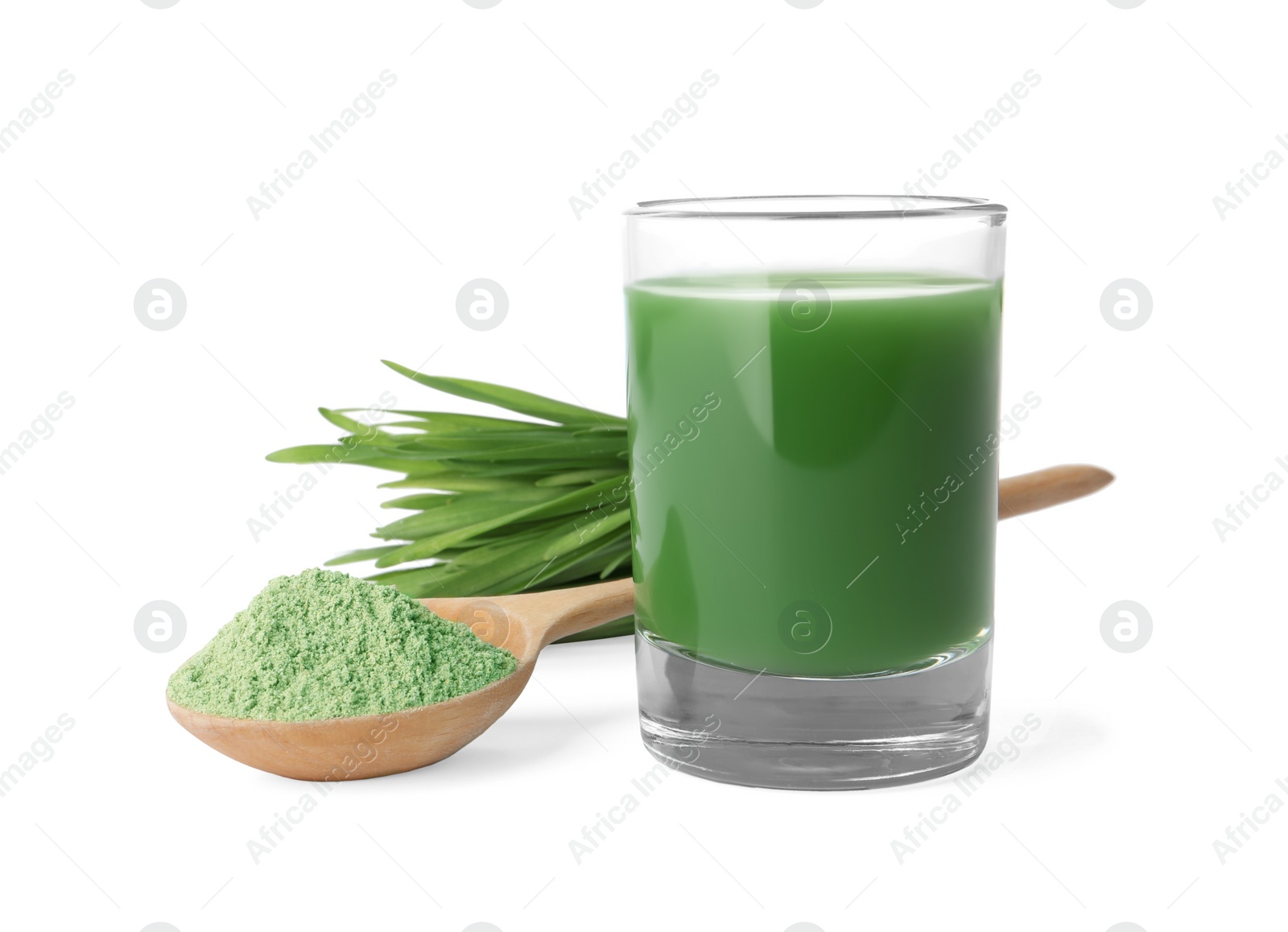 Glass of wheat grass juice, spoon with powder and sprouts on white background Photo of Glass of wheat grass juice, spoon with powder and sprouts on white background