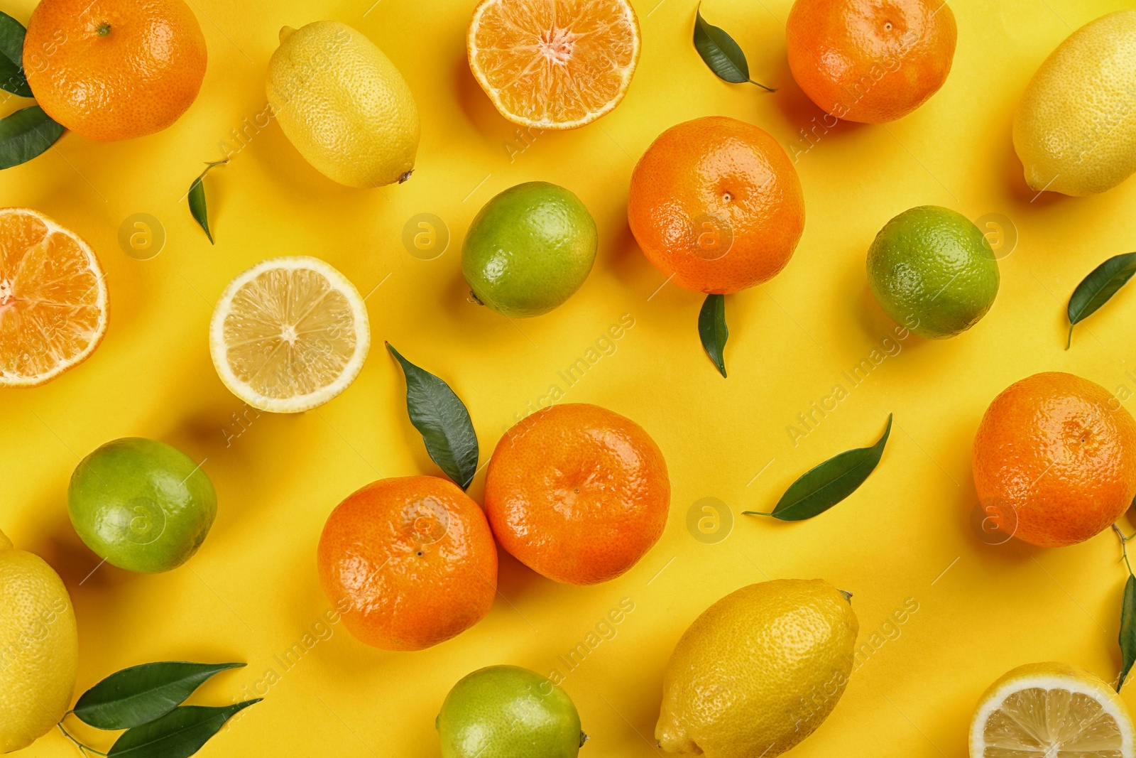 Photo of Flat lay composition with tangerines and different citrus fruits on yellow background