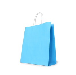 Light blue gift paper bag on white background