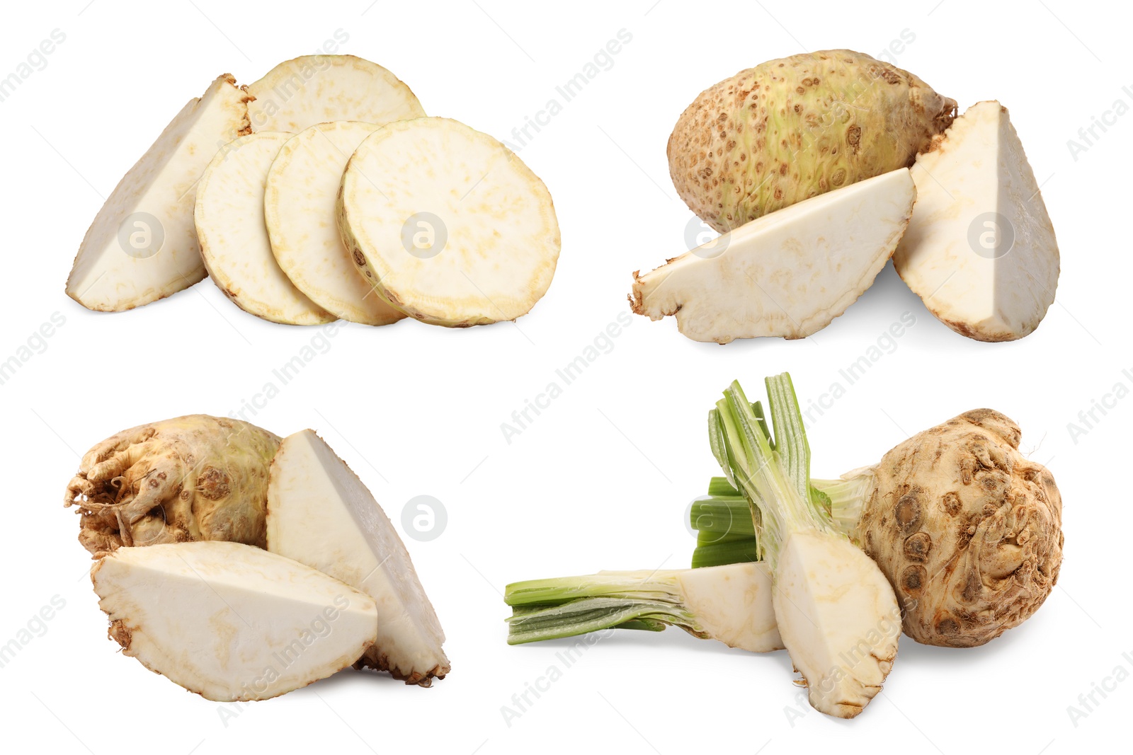 Image of Whole and sliced celery roots isolated on white, collage design