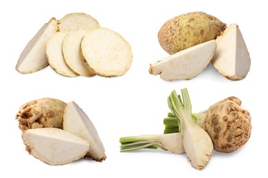 Image of Whole and sliced celery roots isolated on white, collage design