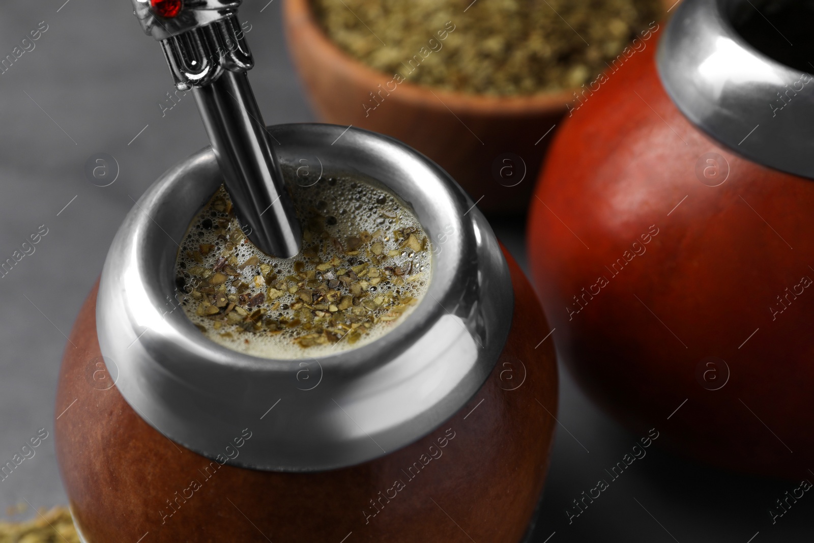 Photo of Calabash with mate tea and bombilla, closeup