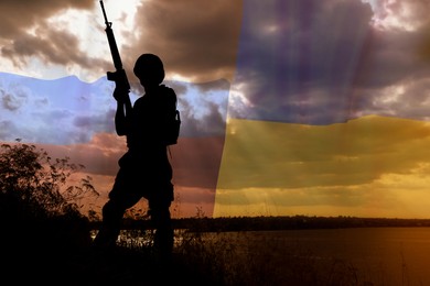 Russian-Ukrainian war. Multiple exposure with silhouette of soldier outdoors, Ukrainian and Russian flags