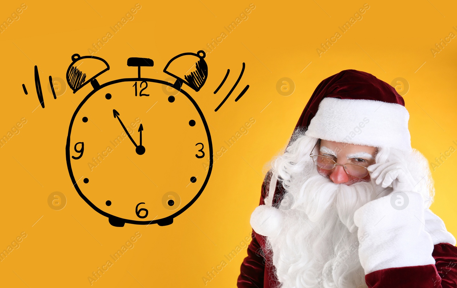 Image of Christmas countdown. Clock showing five minutes to midnight near Santa Claus on yellow background