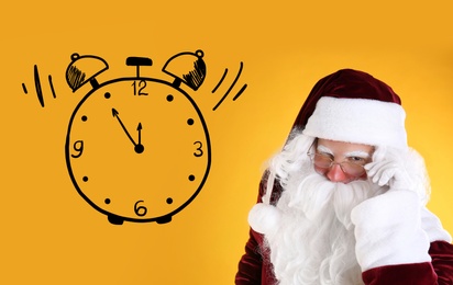 Christmas countdown. Clock showing five minutes to midnight near Santa Claus on yellow background