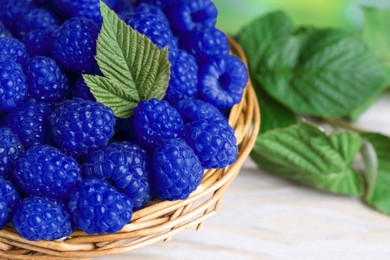 Image of Many fresh blue raspberries in wicker bowl on table, closeup