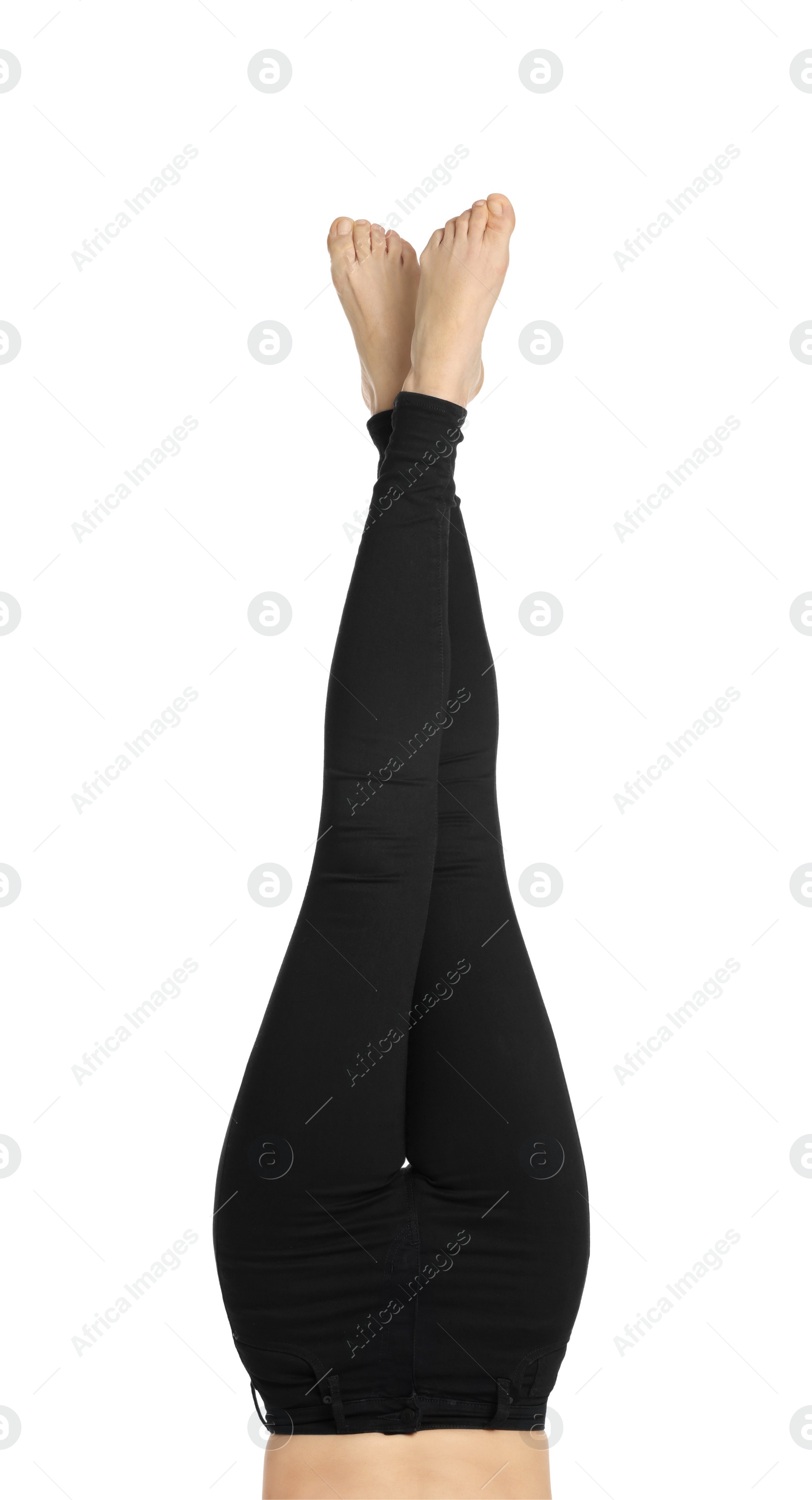 Photo of Woman wearing stylish black jeans on white background, closeup