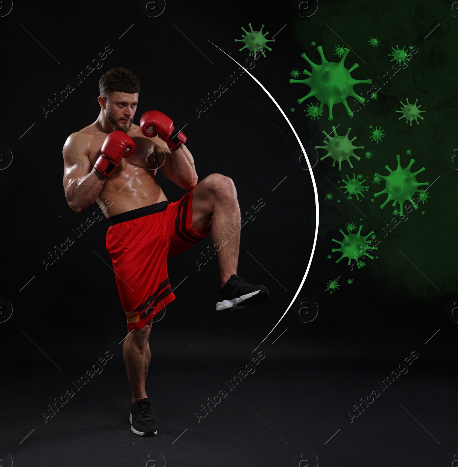 Image of Sporty man with boxing gloves exercising on black background. Strong immunity helping fight with viruses