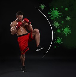 Image of Sporty man with boxing gloves exercising on black background. Strong immunity helping fight with viruses