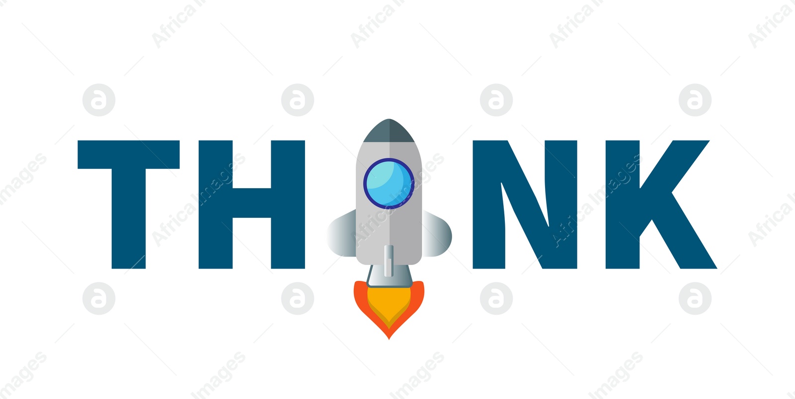 Illustration of Word Think with illustration of rocket instead of letter I on white background