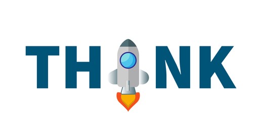 Word Think with illustration of rocket instead of letter I on white background