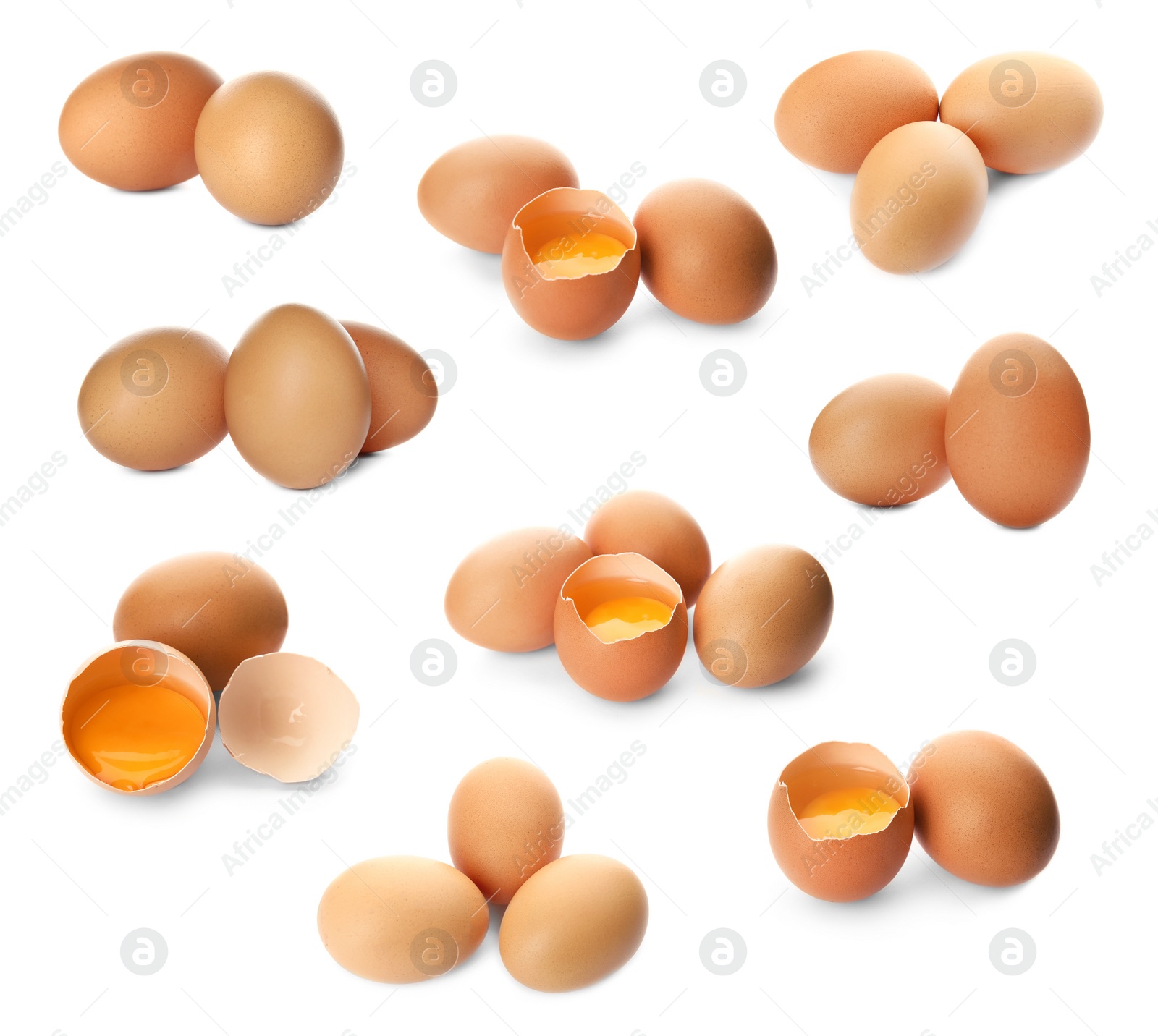 Image of Set of raw chicken eggs on white background