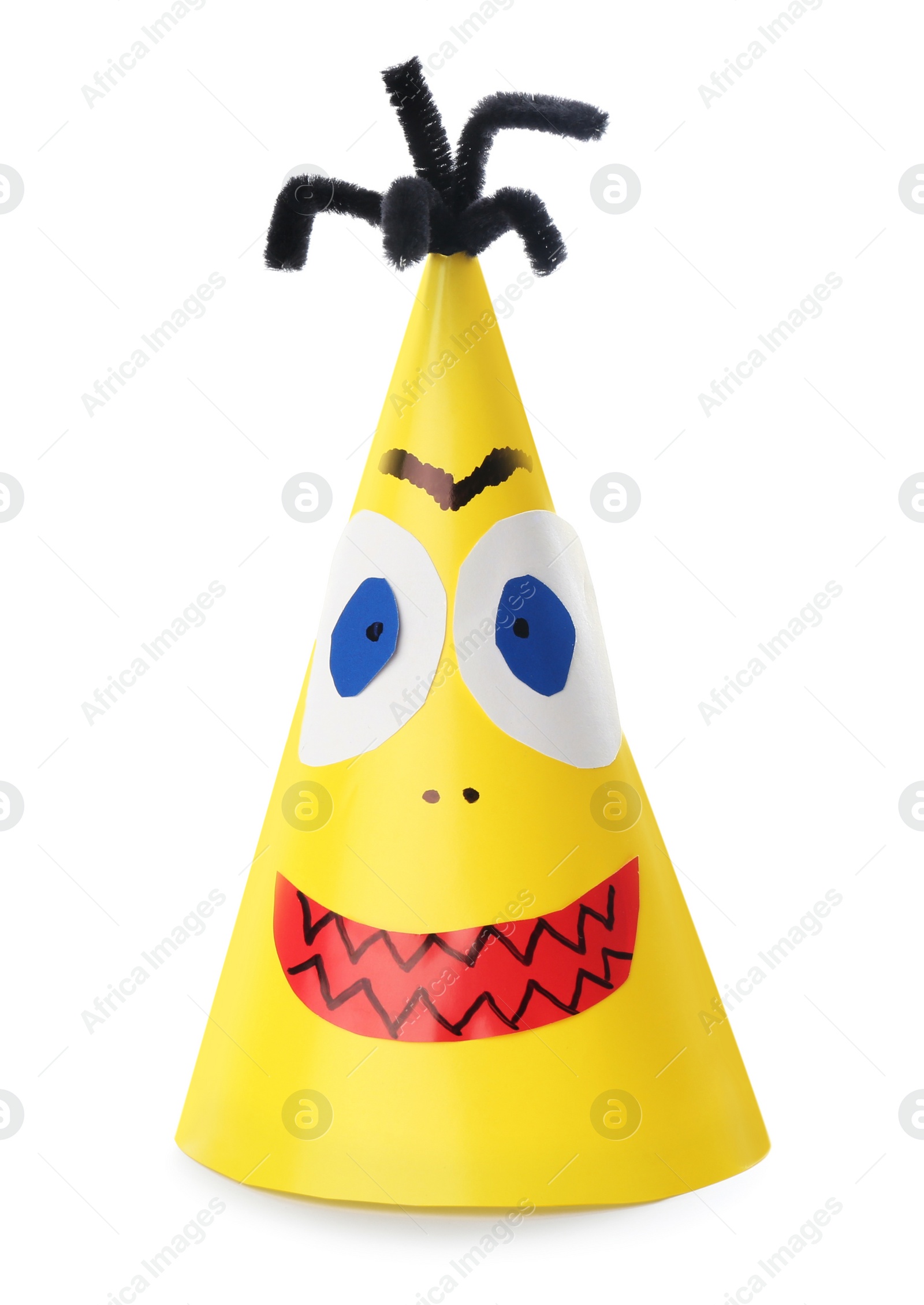 Photo of Funny yellow monster isolated on white. Halloween decoration