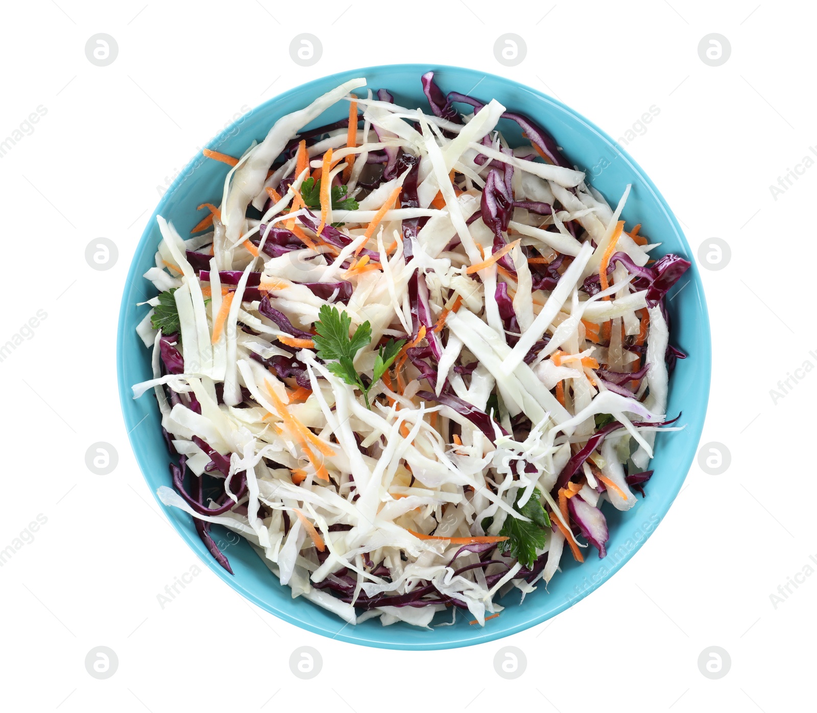 Photo of Plate of tasty cabbage salad isolated on white, top view