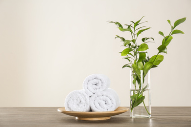 Photo of Fresh rolled towels and green branches on grey wooden table