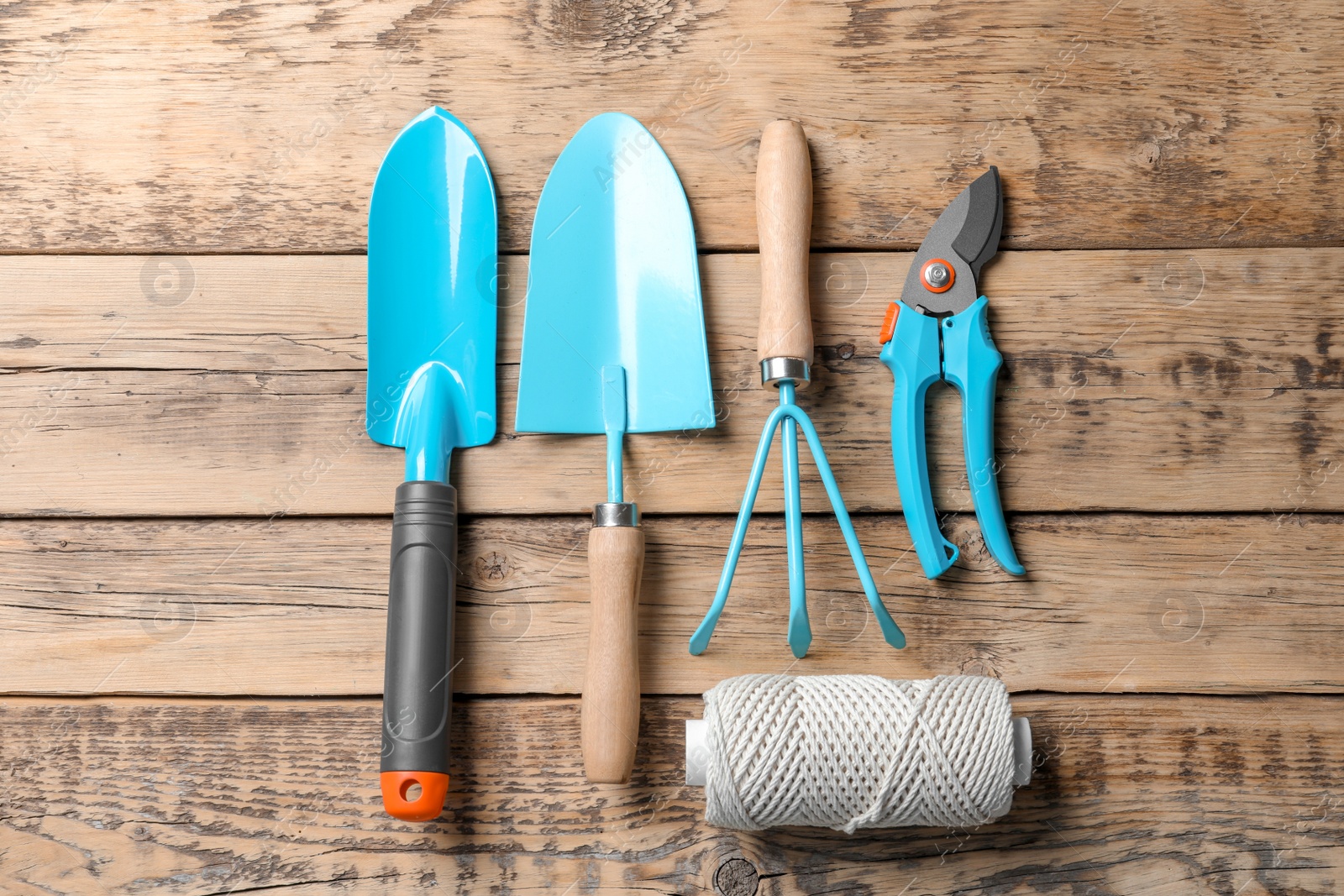 Photo of Flat lay composition with professional gardening tools on wooden background