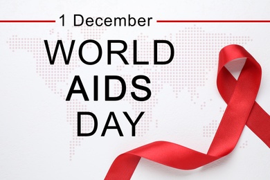 Image of World AIDS Day poster. Red awareness ribbon. text and map on light background