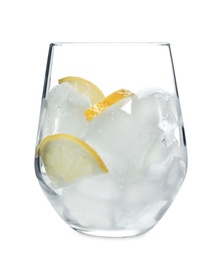 Photo of Glass with ice cubes and lemon slices for refreshing drink on white background