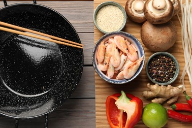 Black wok, chopsticks and bamboo mat with products on color wooden table, top view