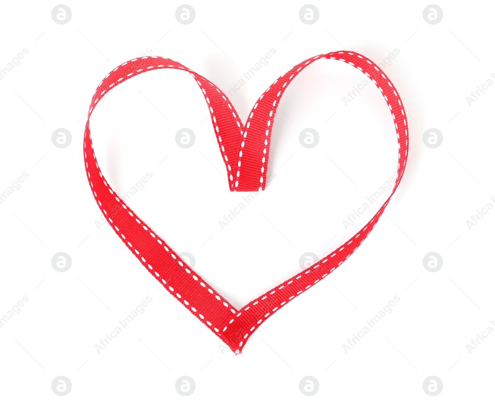 Photo of Heart made of red ribbon on white background, top view