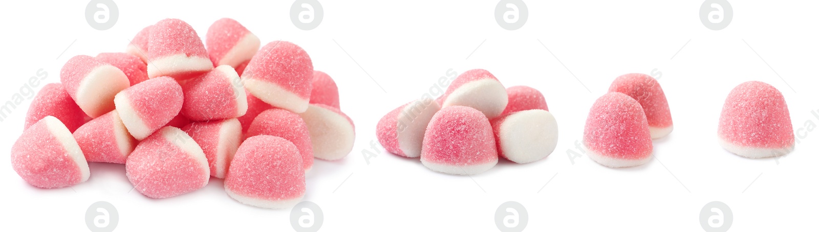 Image of Set of delicious jelly candies on white background. Banner design