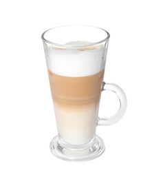 Glass of delicious latte macchiato on white background