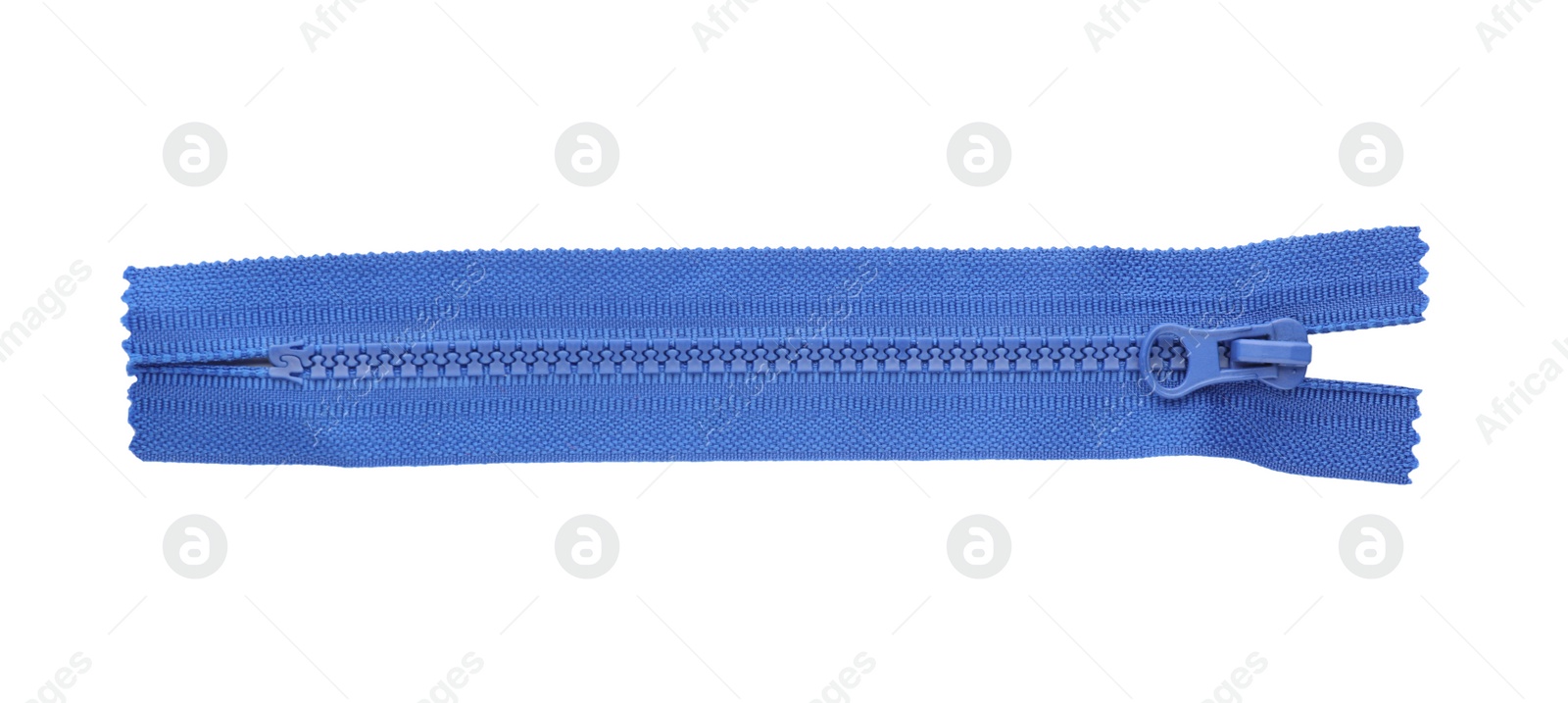 Photo of Blue zipper isolated on white, top view