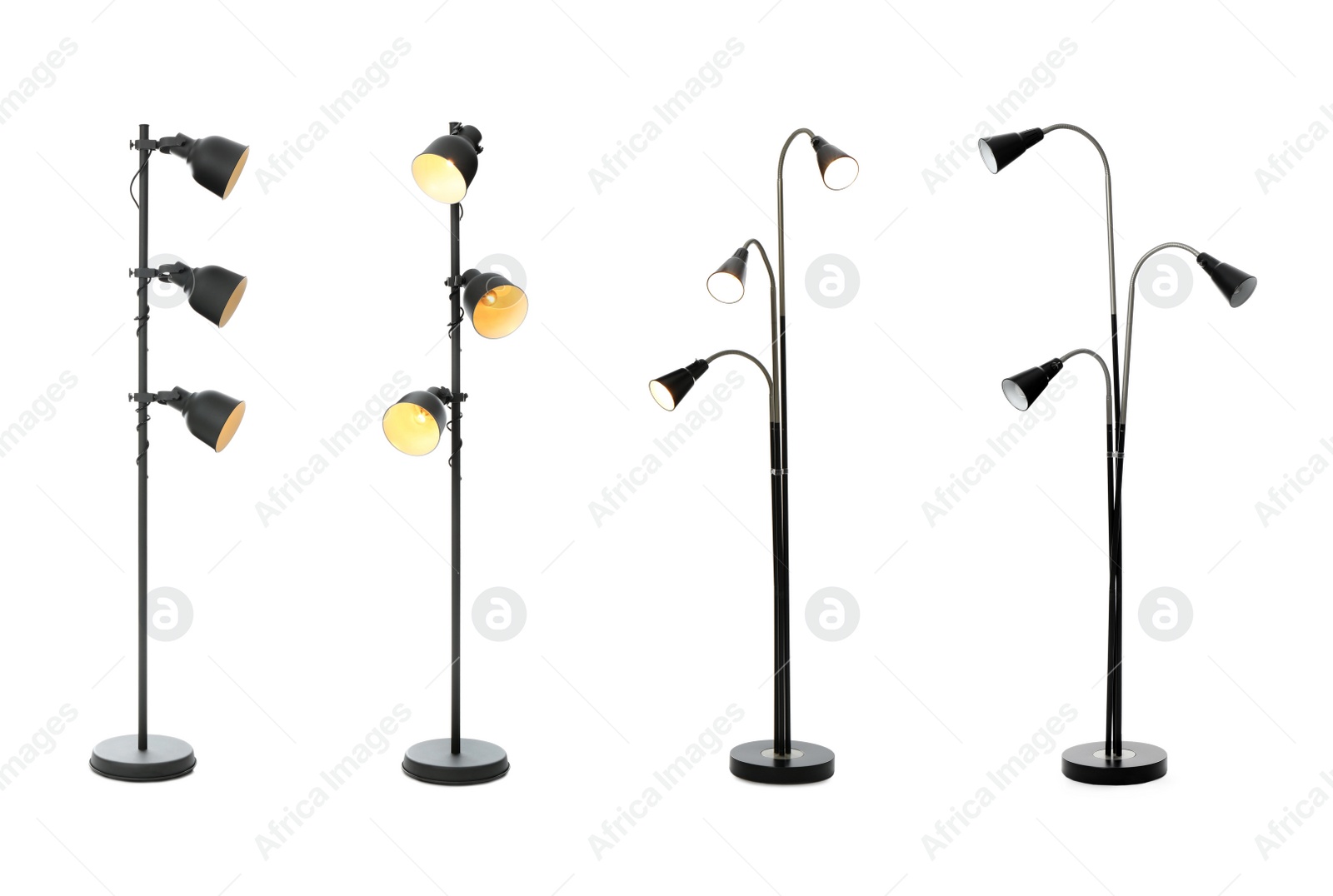 Image of Set with different stylish floor lamps on white background