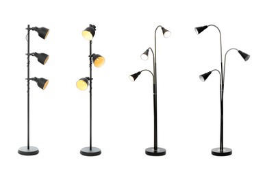 Image of Set with different stylish floor lamps on white background