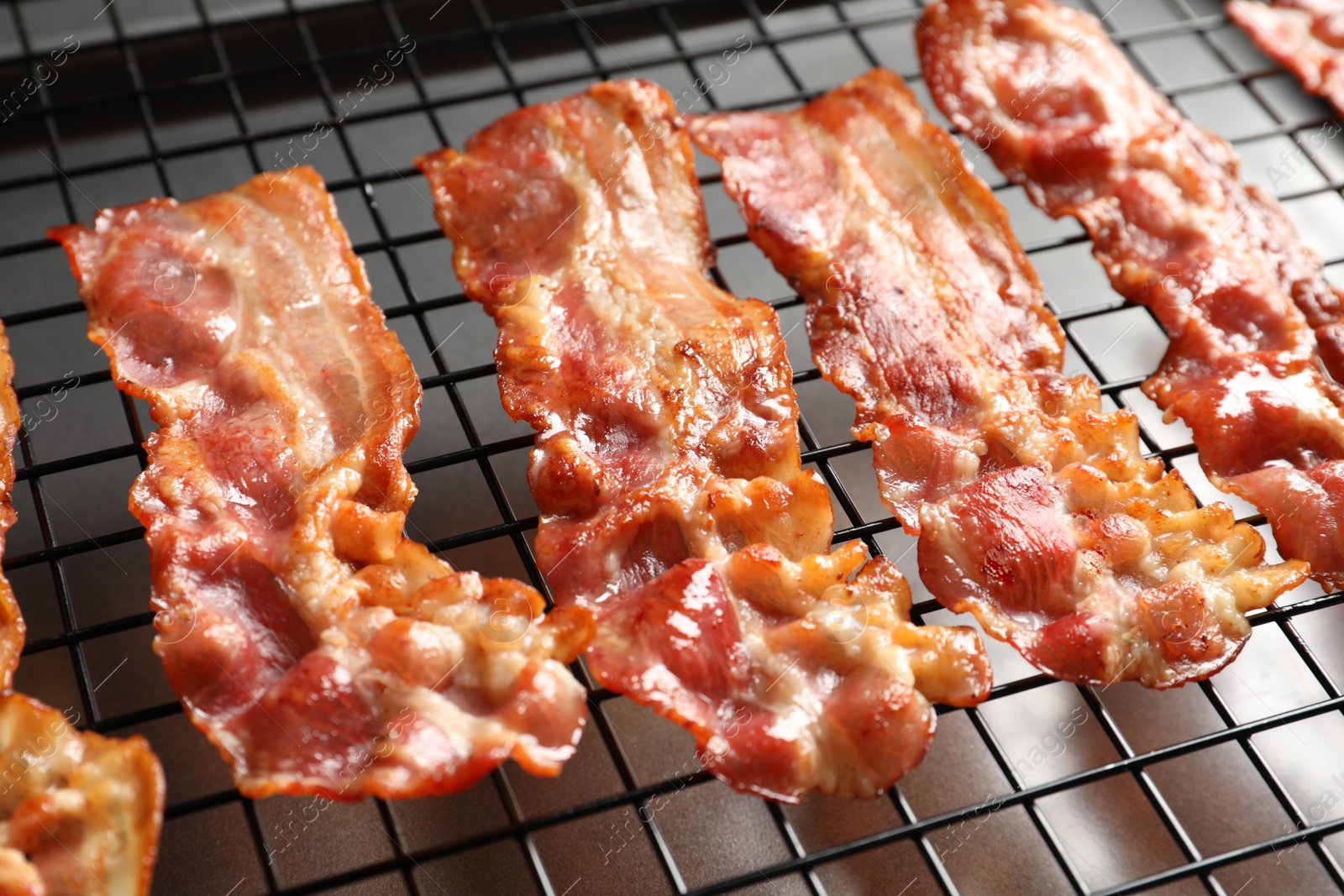 Photo of Cooling rack with bacon, closeup