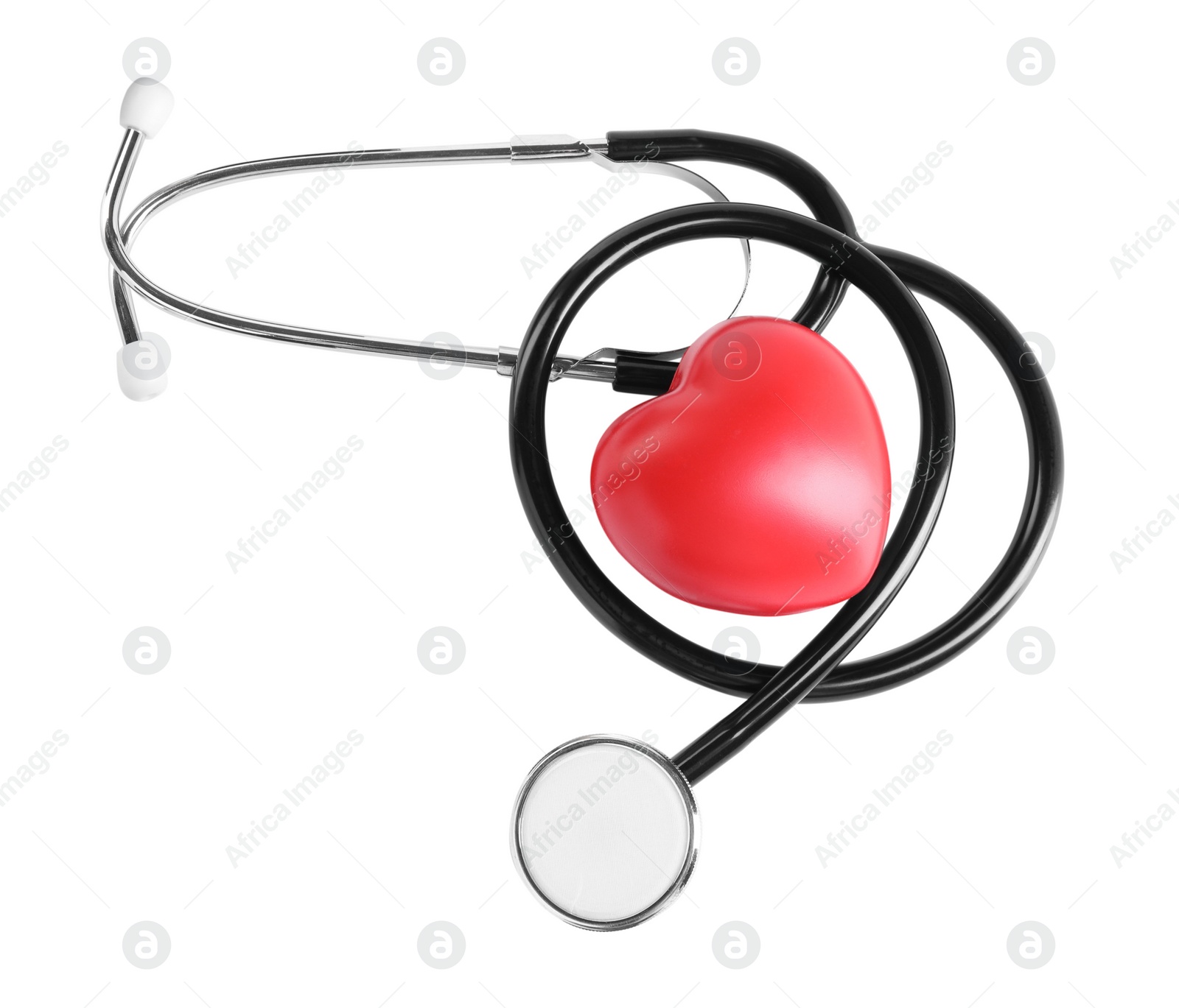 Photo of Stethoscope and red heart isolated on white, top view