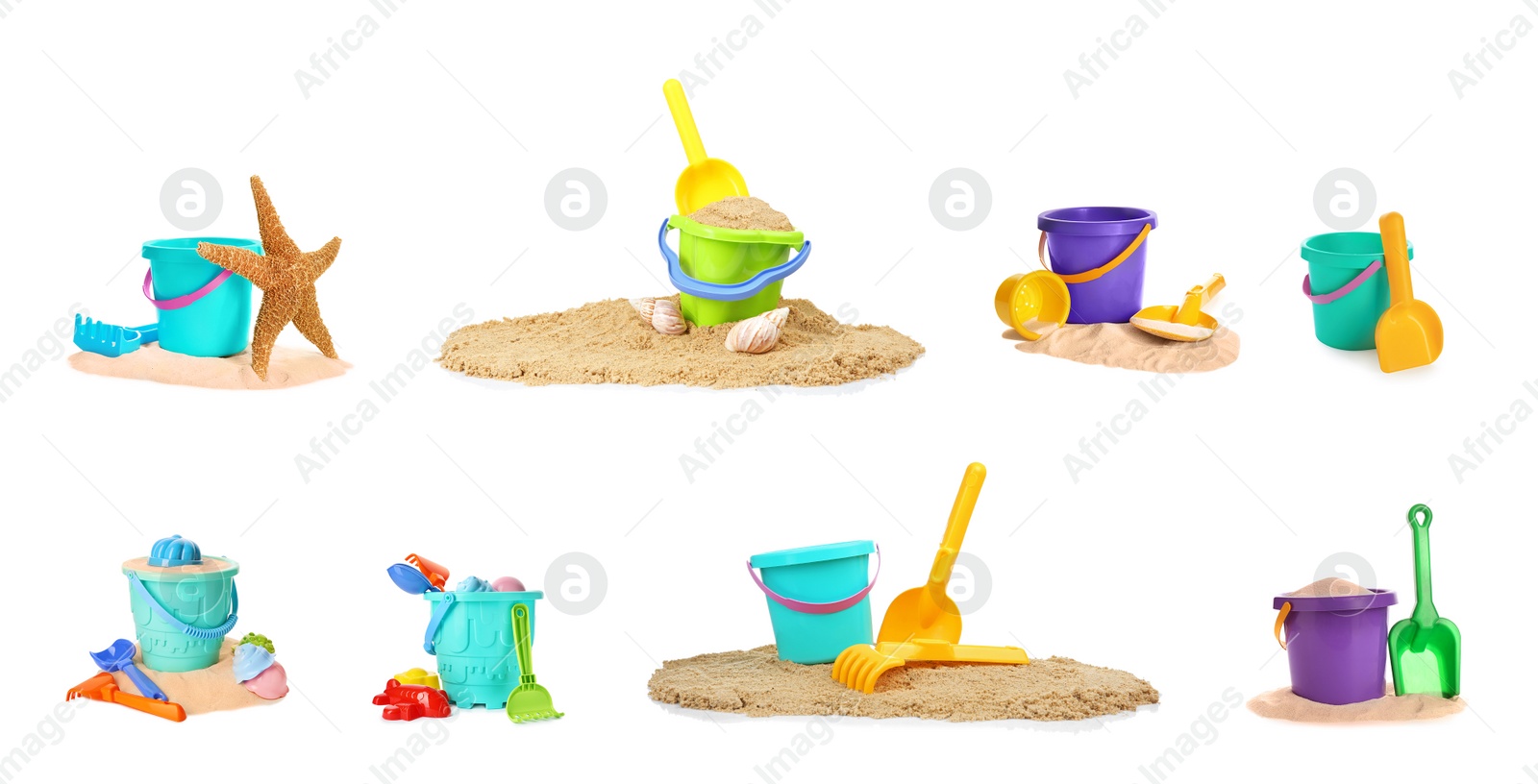 Image of Set of different plastic beach toys on white background 