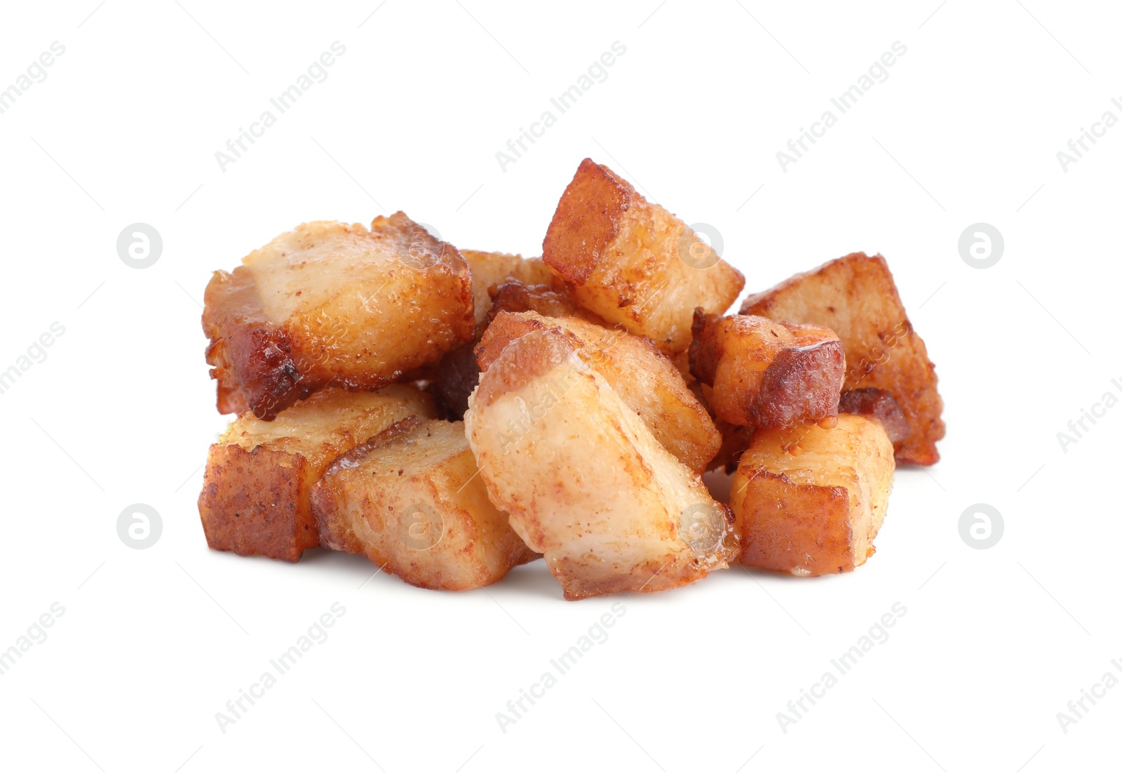 Photo of Tasty fried cracklings on white background. Cooked pork lard