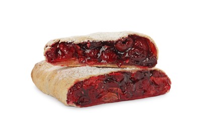 Photo of Delicious cut strudel with cherries isolated on white